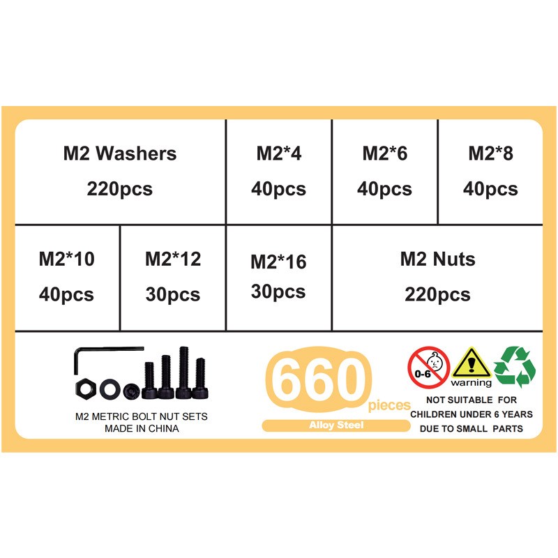 200pcse -660pcs黑色高强度杯头内六角螺丝M2 配螺母平垫扳手套装