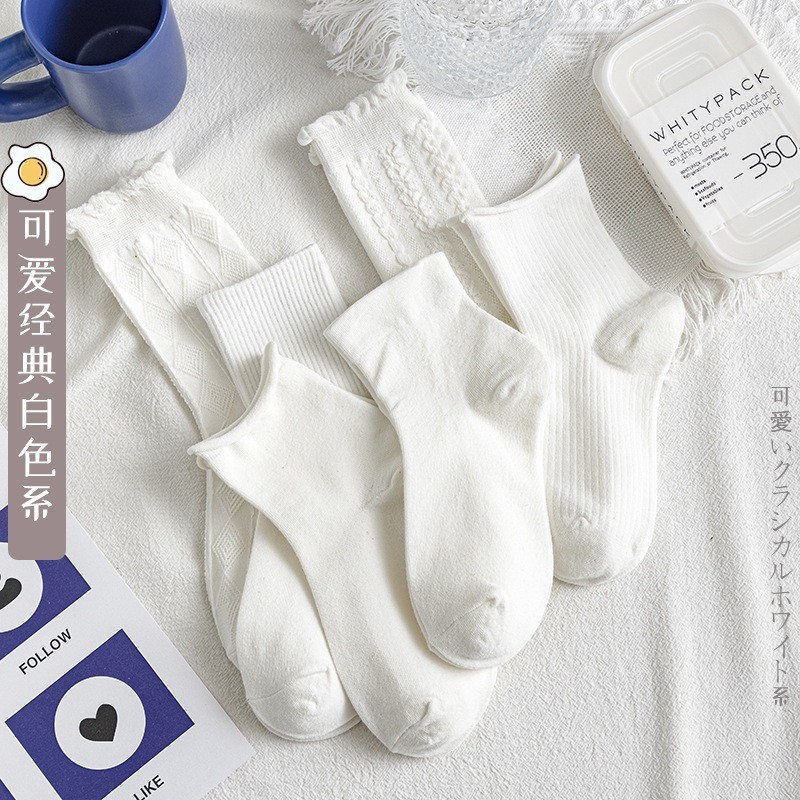 白色jk袜子女ins潮春夏季日系甜美花边纯色薄款可爱洛丽塔中筒袜