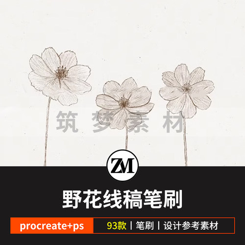 ps笔刷procreate笔刷小清新野花鲜花朵花卉植物线稿手绘野草丛林