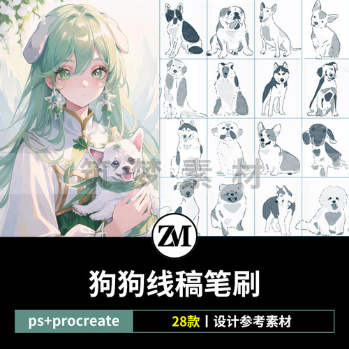 ps笔刷procreate笔刷狗狗卡通名犬金毛柯基可爱手绘动物辅助线稿