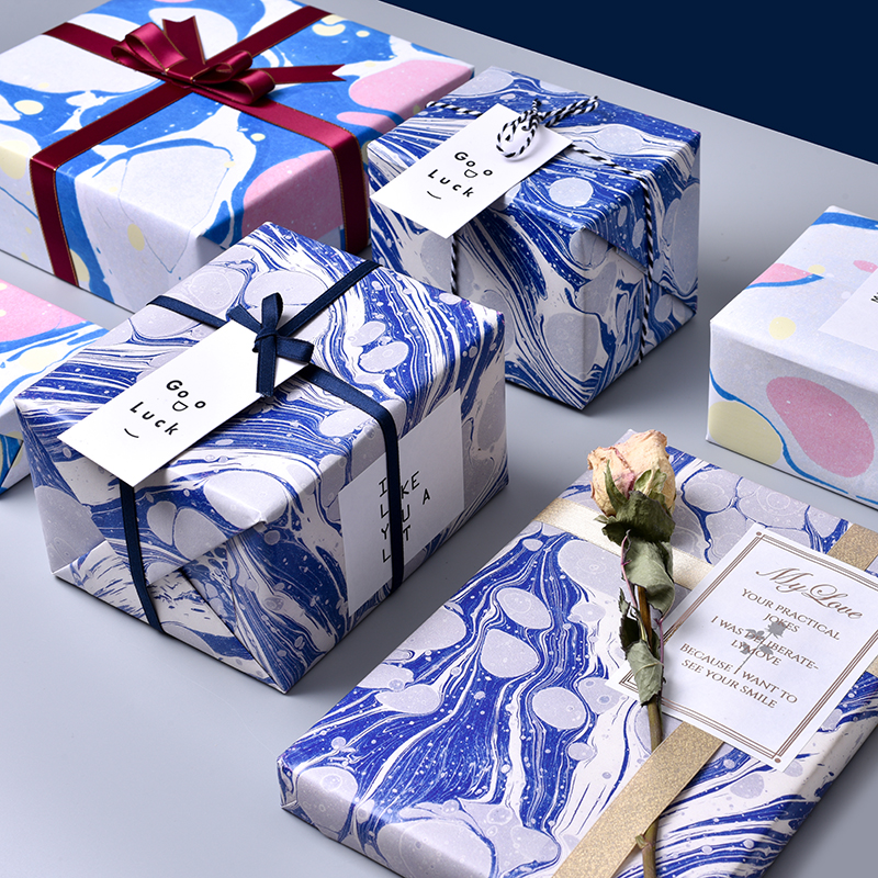 独角鲸原创设计 蓝色川流 水版画纹理礼品ins生日简约高档包装纸
