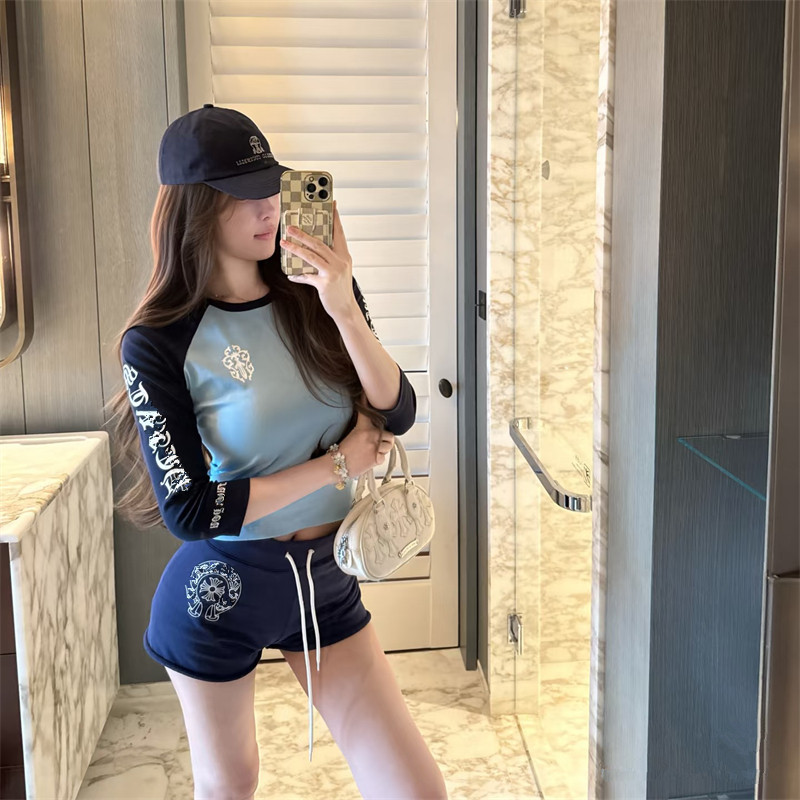 纸片人套装女夏季小众纯欲宝剑梵文印花七分袖T恤抽绳短裤两件套图片