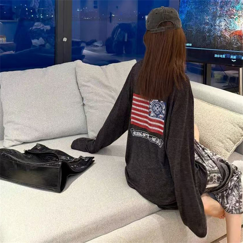 星条旗梵文印花薄款长袖T恤女夏季小众复古宽松显瘦慵懒防晒上衣