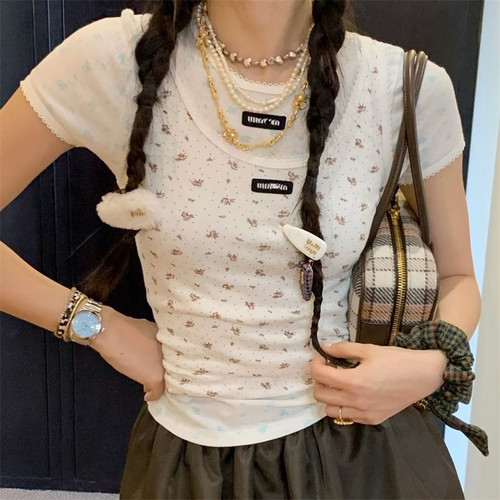 春夏纯欲韩系甜美满印碎花背心短袖t恤女氛围感修身包臀辣妹长裙