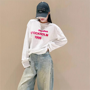 1996植绒字母撞色印花长袖T恤女春季韩版宽松中长款慵懒情侣上衣