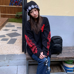 黑红十字架皮标梵文提花毛衣女秋冬新款韩版包芯纱情侣慵懒上衣潮