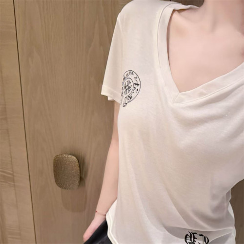 马蹄梵文印花V领短袖T恤女夏季小众修身显瘦闪闪设计感纯欲上衣潮