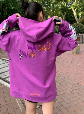 紫色马蹄梵文涂鸦印花连帽帽衫女秋冬新款韩版套头长袖设计感卫衣