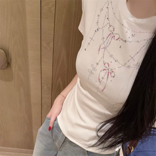 蝴蝶结项链重工烫钻短袖T恤女夏季新款小众修身显瘦纯欲百搭上衣