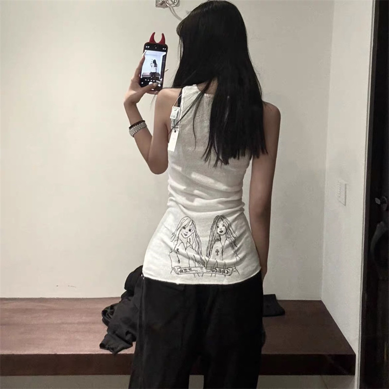 春夏新款漫画女孩梵文印花吊带背心女美式复古收腰显瘦包臀短裙潮
