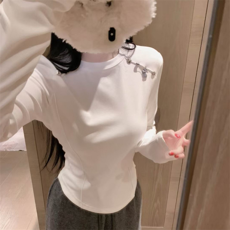 十字架金属别针长袖T恤女秋季新款加绒修身显瘦纯欲辣妹洋气上衣