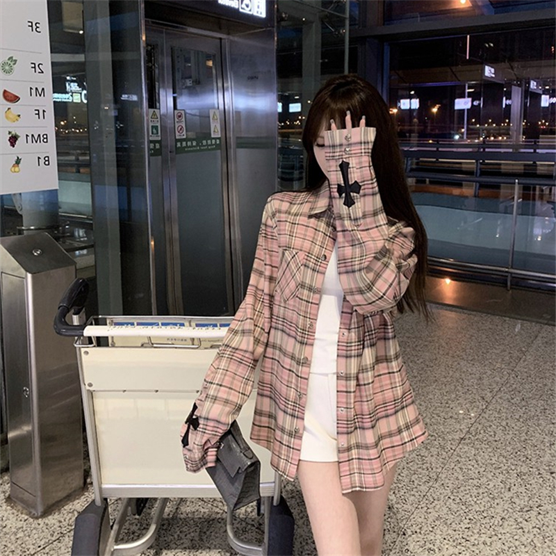 马蹄十字架拼皮复古格子衬衫女