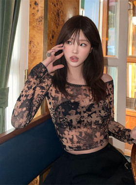 枫叶十字架满印蕾丝花边长袖T恤女夏季美式复古修身显瘦网纱上衣