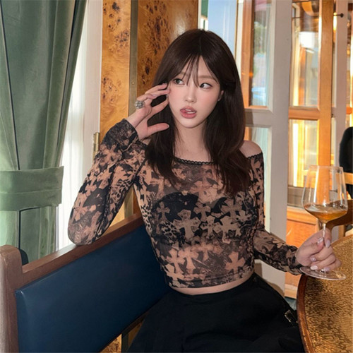 枫叶十字架满印蕾丝花边长袖T恤女夏季美式复古修身显瘦网纱上衣