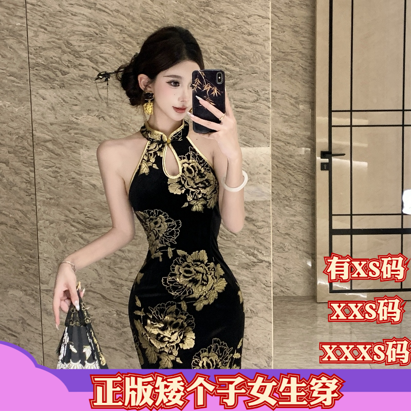冬季150cm矮个子显高XXXS女装155高级重工烫金丝绒连衣裙旗袍挖肩