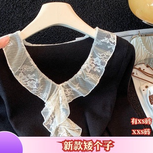 秋季女装矮个子娇小XXS小个子新款V领拼接蕾丝长袖毛衣针织衫上衣