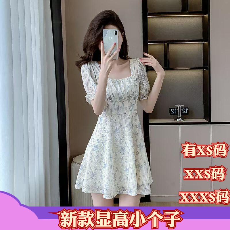 加小码XXXS矮个子女装夏季150cm显高方领雪纺碎花连衣裙高腰收腰