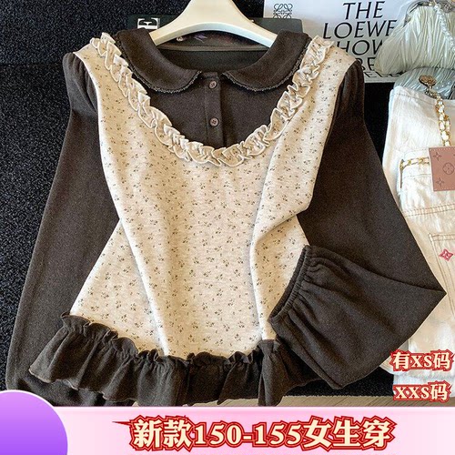 秋装150cm女装XXS加小码矮个子显高拼接碎花假两件打底衫上衣长袖