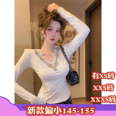 155cm冬季矮个子小个子XXXS女装150蕾丝花边镶钻V领打底衫T恤上衣