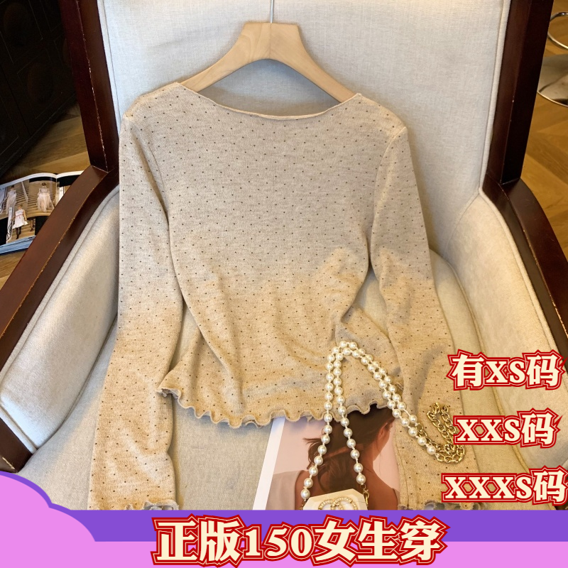 150-155cm小个子加小码女装冬装显高假两件波点木耳边长袖打底T恤