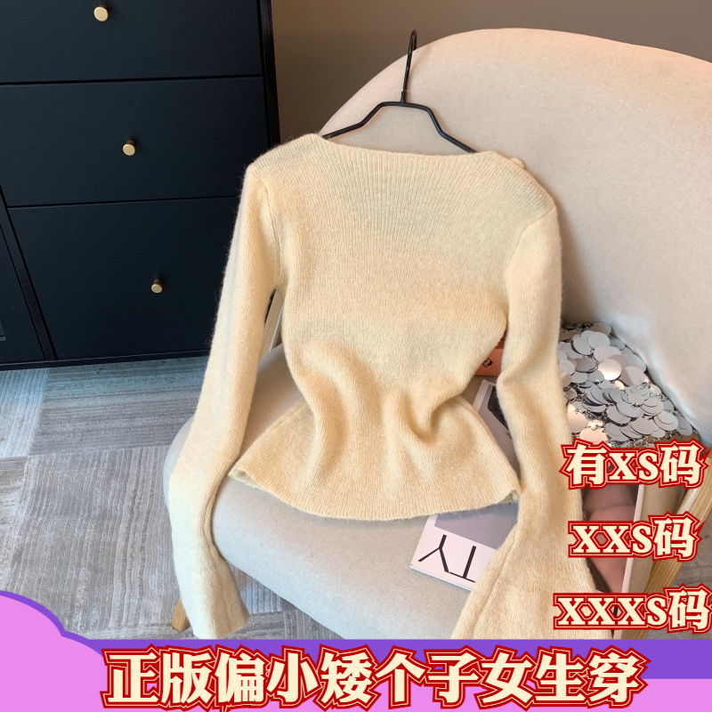 女装冬装加小码XXXS矮个子150cm显高喇叭袖毛衣v领针织衫软糯套头