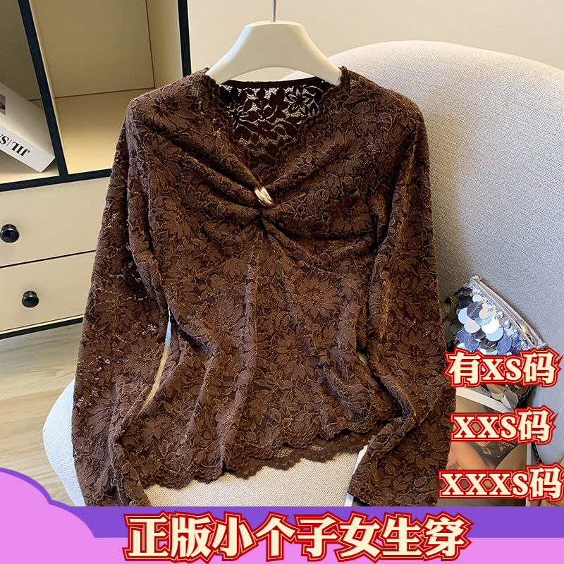 女装冬装加小码150cm显高XXXS小个子辣妹风V领扭结褶皱喇叭袖上衣