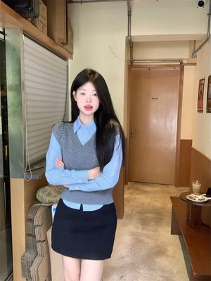 学院风套装针织马甲背心女春季新款长袖条纹衬衫POLO领衬衫两件套