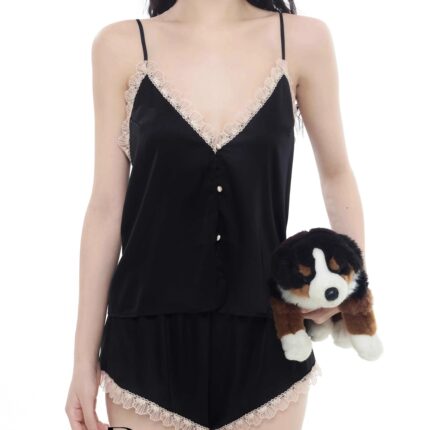 Poppaea蕾丝性感冰丝吊带短裤睡衣两件套装纯欲家居服女纯欲