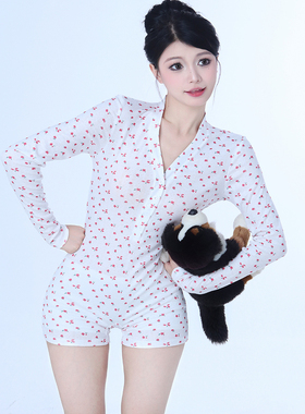 Poppaea法式高级感小碎花V领连体衣女外穿睡衣甜美家居服可外穿