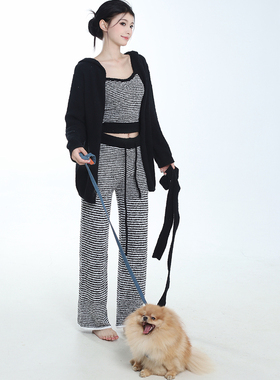 Poppaea简约高级感条纹睡衣秋冬软绵绵加厚家居服三件套可外穿