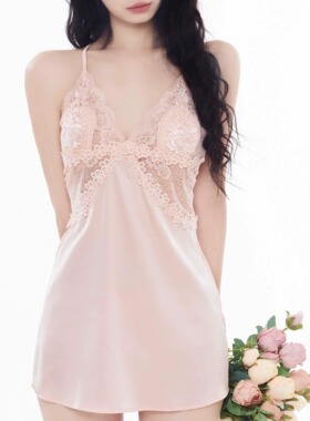 Poppaea法式印花刺绣舒蕾丝睡裙高级感带胸垫粉色睡裙家居服