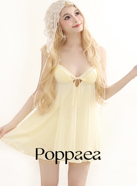 Poppaea法式少女睡裙性感冰丝深V绑带吊带睡裙纯欲风网纱睡衣