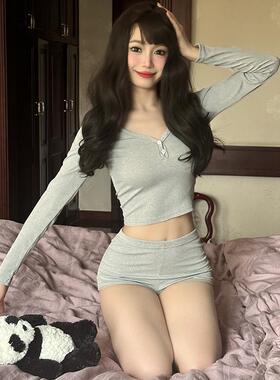 Poppaea圆V领短裤长袖两件套高腰亲肤紧身短款t恤女家居服瑜伽服
