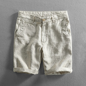 男士 子纯麻料麻布中裤 休闲纯亚麻五分裤 纯色沙滩短裤 透气薄款 新款