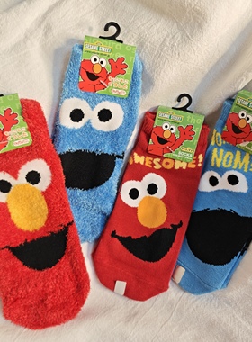 日单芝麻街elmo饼干怪可爱卡通女式棉质短袜秋冬羽毛纱毛绒保暖袜