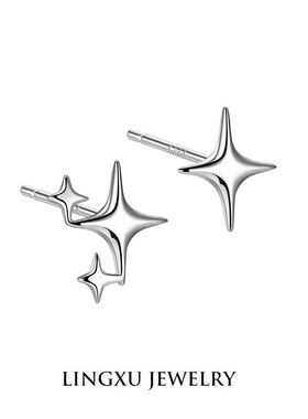 S925银简约清新四芒星耳钉女时尚气质个性耳饰星星耳环睡觉不用摘