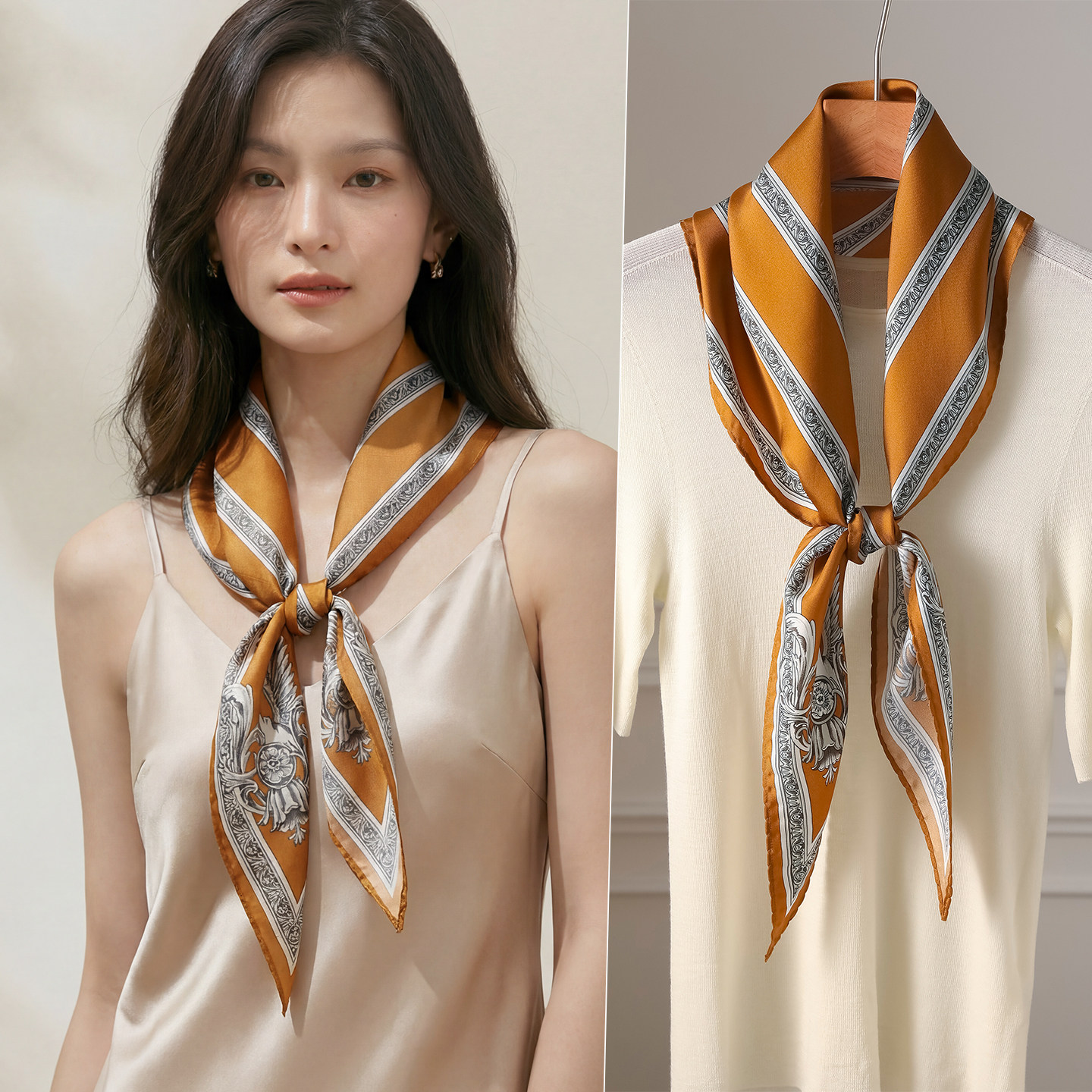 橙色真丝丝巾女士2026新款系脖高级感搭衬衫斜纹绸三角巾披肩外搭