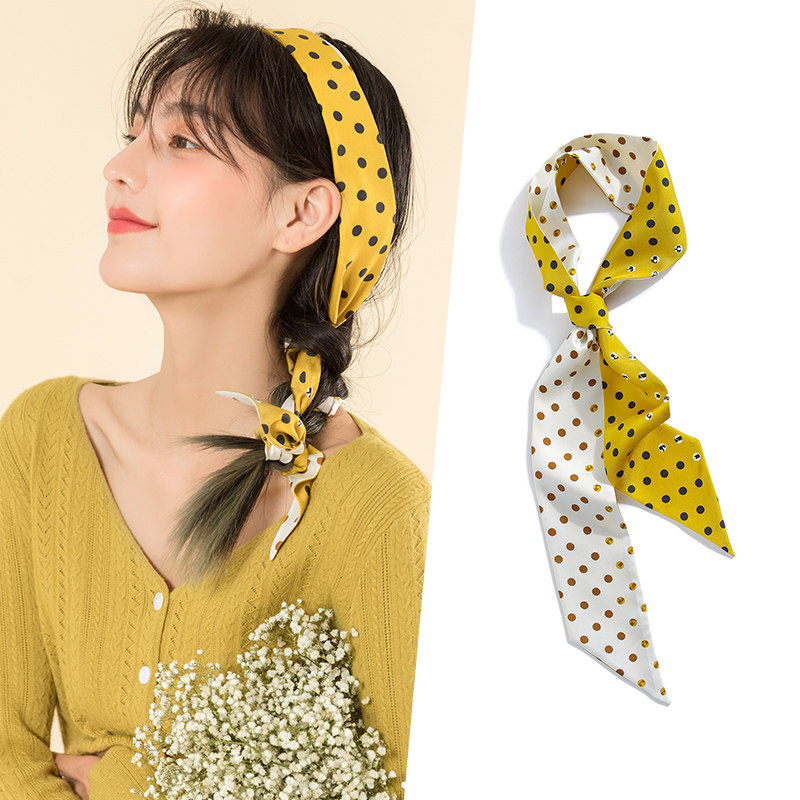 姜黄色波点小丝巾真丝长条高级感发带绑发编发绑包包手柄飘带丝带