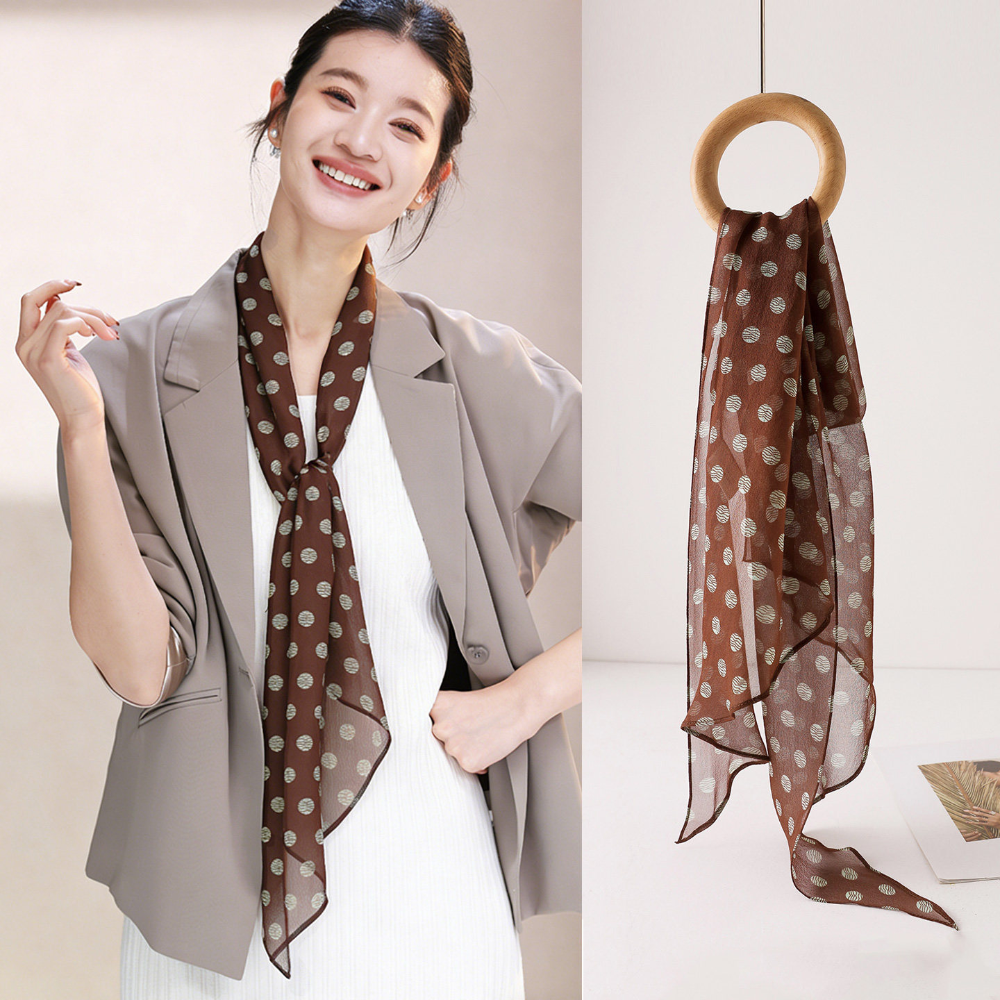 棕色波点丝巾真丝细围巾夏季薄款长条飘带颈饰纱巾高级感披肩外搭