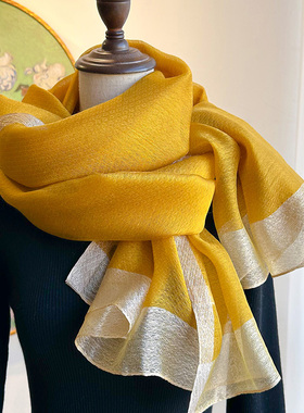 黄色真丝羊毛丝巾时尚洋气高档披肩外搭女春季高级感桑蚕丝围巾薄