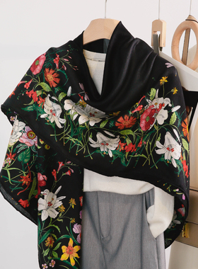 法式花卉！真丝羊毛围巾大方巾女春季高级感披肩外搭黑色丝毛丝巾