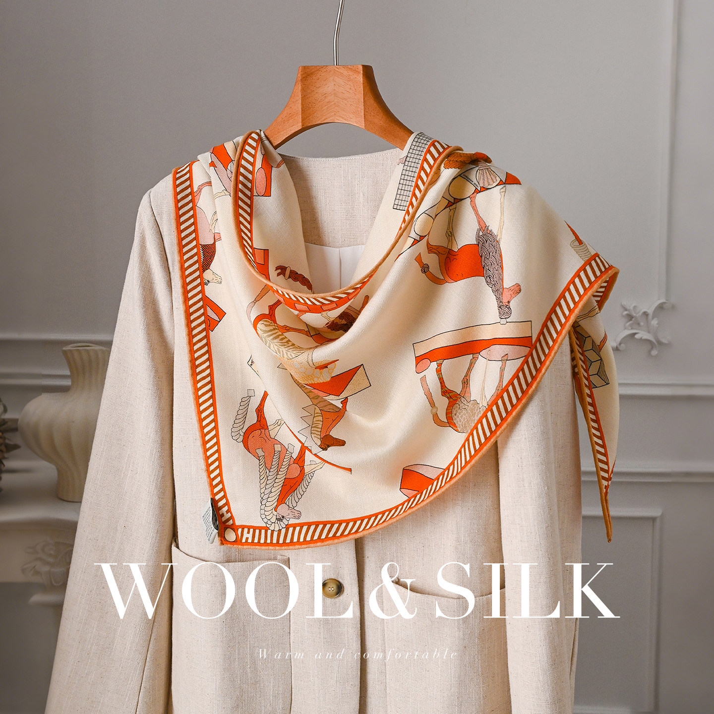 橙色小马真丝羊毛围巾披肩外搭女士2026新款高级感空调三角巾丝巾