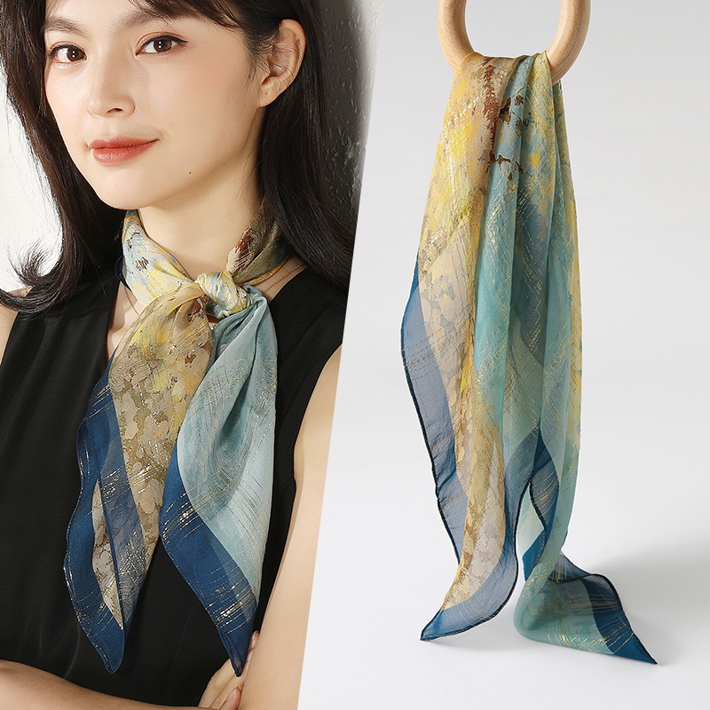 法式真丝中方巾丝巾女秋季高级感护颈领巾2025新款桑蚕丝纱巾轻薄