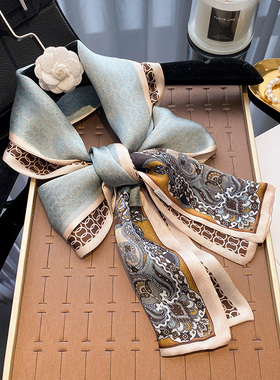 韵味蓝真丝长条丝巾女2025新款系脖轻奢高级感飘带领巾桑蚕丝围巾