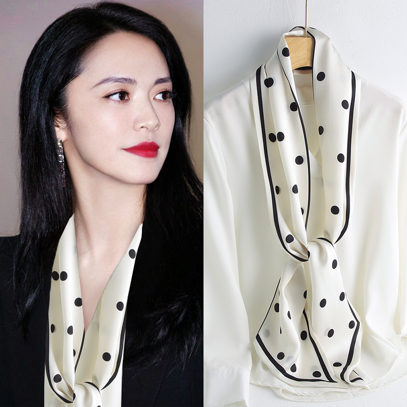 白色波点飘带真丝长条丝巾窄围巾