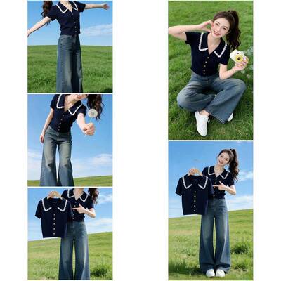 韩系蕾丝polo领针织短袖T恤女装2026夏季新款辣妹休闲气质短上衣