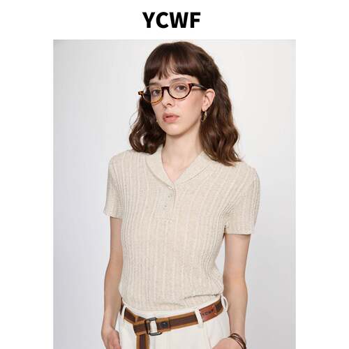 YCWF435老钱风清凉透气修身气质小翻领麻花短袖针织纯色t恤上衣女