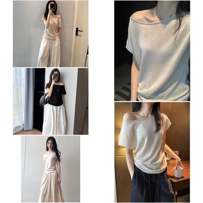 Awencoat 【一衣两穿】天丝亚麻短袖t恤女夏露肩卷边斜肩针织上衣