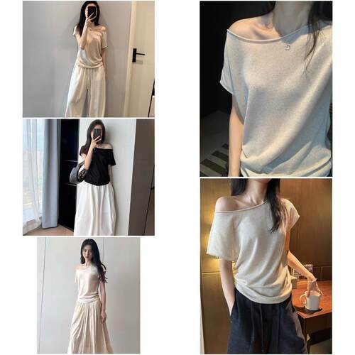Awencoat 【一衣两穿】天丝亚麻短袖t恤女夏露肩卷边斜肩针织上衣
