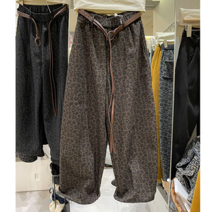 女宽松显瘦小弯刀分割线毛呢裤 加绒加厚豹纹老爹裤 新款 欧洲站冬季